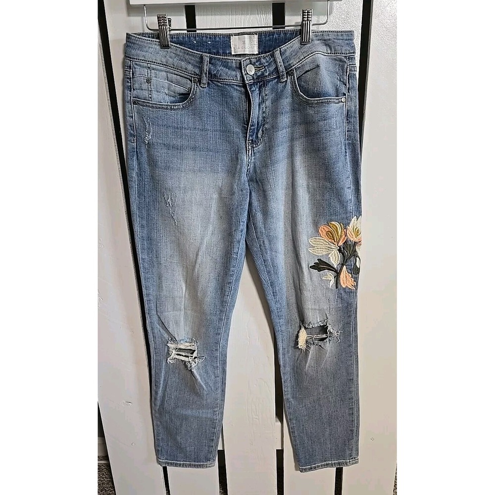 Caslon‎ Floral Embroidered Boyfriend Blue Denim Jeans 26 Baggy Distressed
